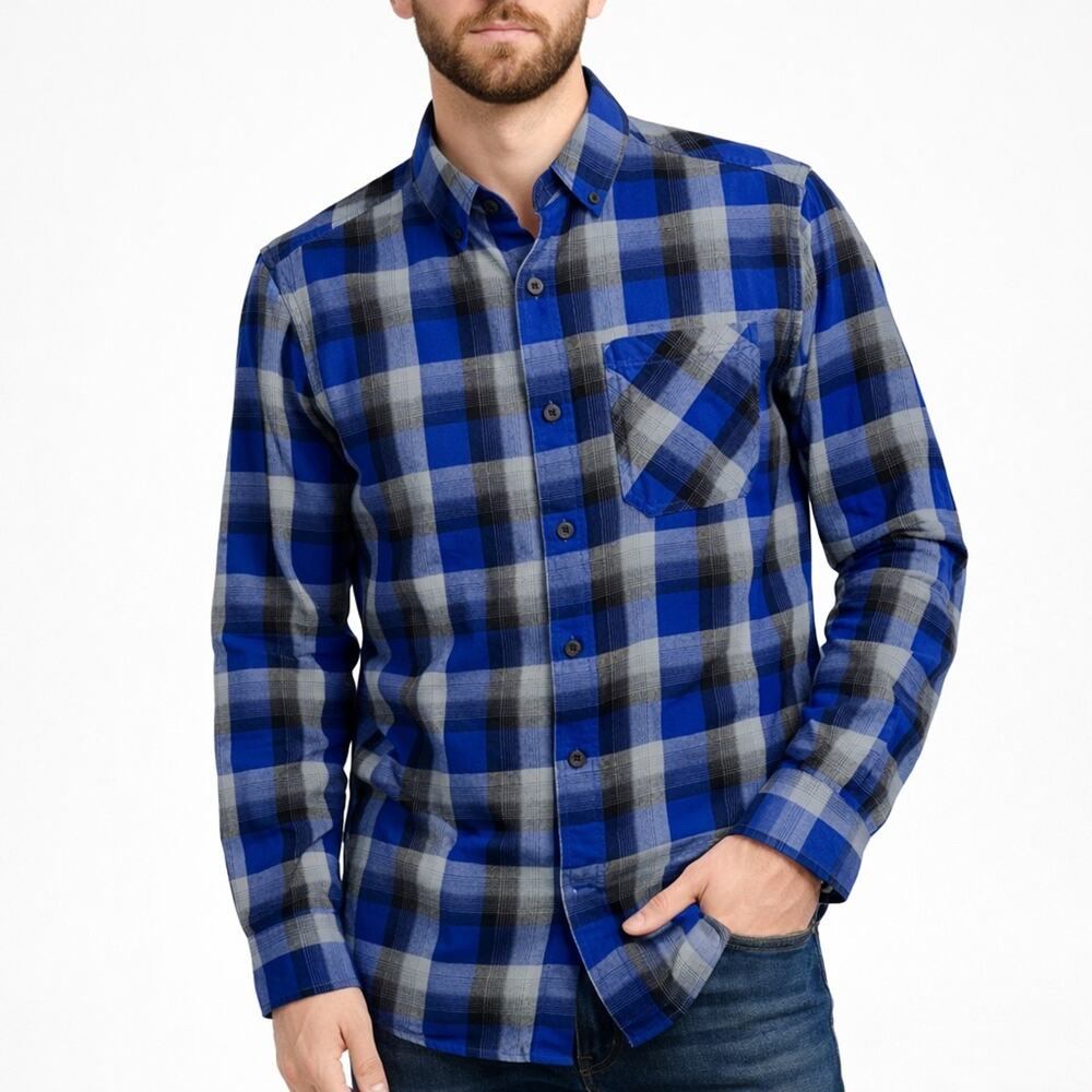 Duluth Trading Men's 40 Grit Standard Fit Flannel Shirt Blue Gray Plaid Medium